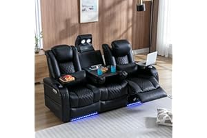 AKEYSOUS Sofa Recliner Home Theater Seating Seats, Movie Theater Chairs Theater Recliner with 7 Colors Ambient Lighting, Touch Reading Lights, Lumbar Pillow, Tray Table, Center Drop Down Console, Black