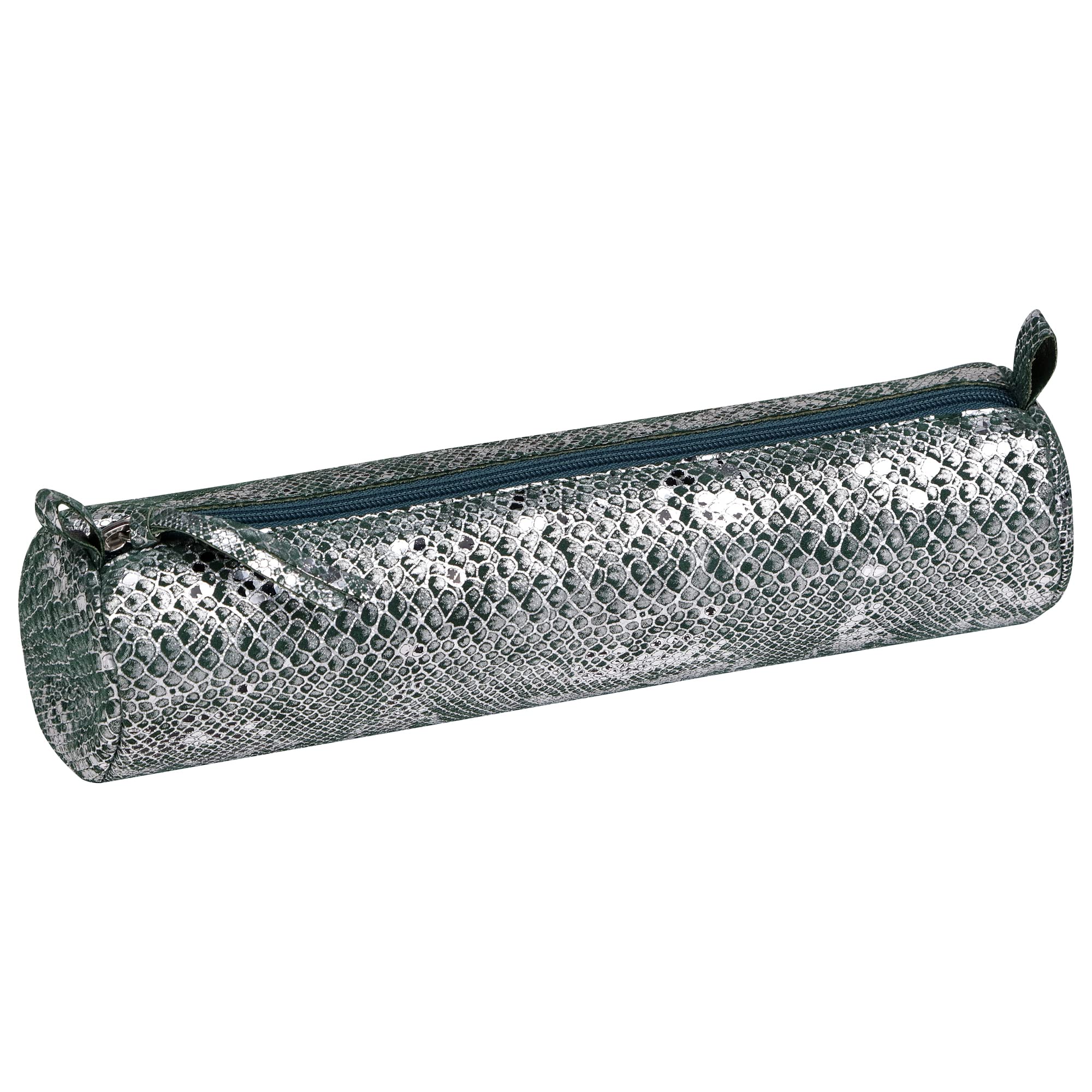 Clairefontaine 410105C - Genuine Lambskin Leather Round School Pencil Case Ø5,5x22cm Green + Silver, Scales motif - School Supplies - Pencil Case - Pencil Tray