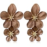 ANDPAI Unique Handmade Bohemian Large Matte Double Yellow Flower Dangle Drop Earrings White Metal floral Stud Earrings For Women Statement Wedding Holiday Jewelry Gifts