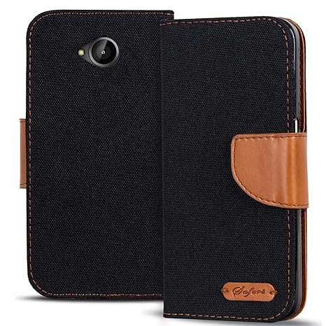 Conie Hülle für Microsoft Lumia 640 Tasche Textil Bookstyle Schwarz, PU Leder Hülle Stoff Style Schwarz, Handyhülle Lumia 640