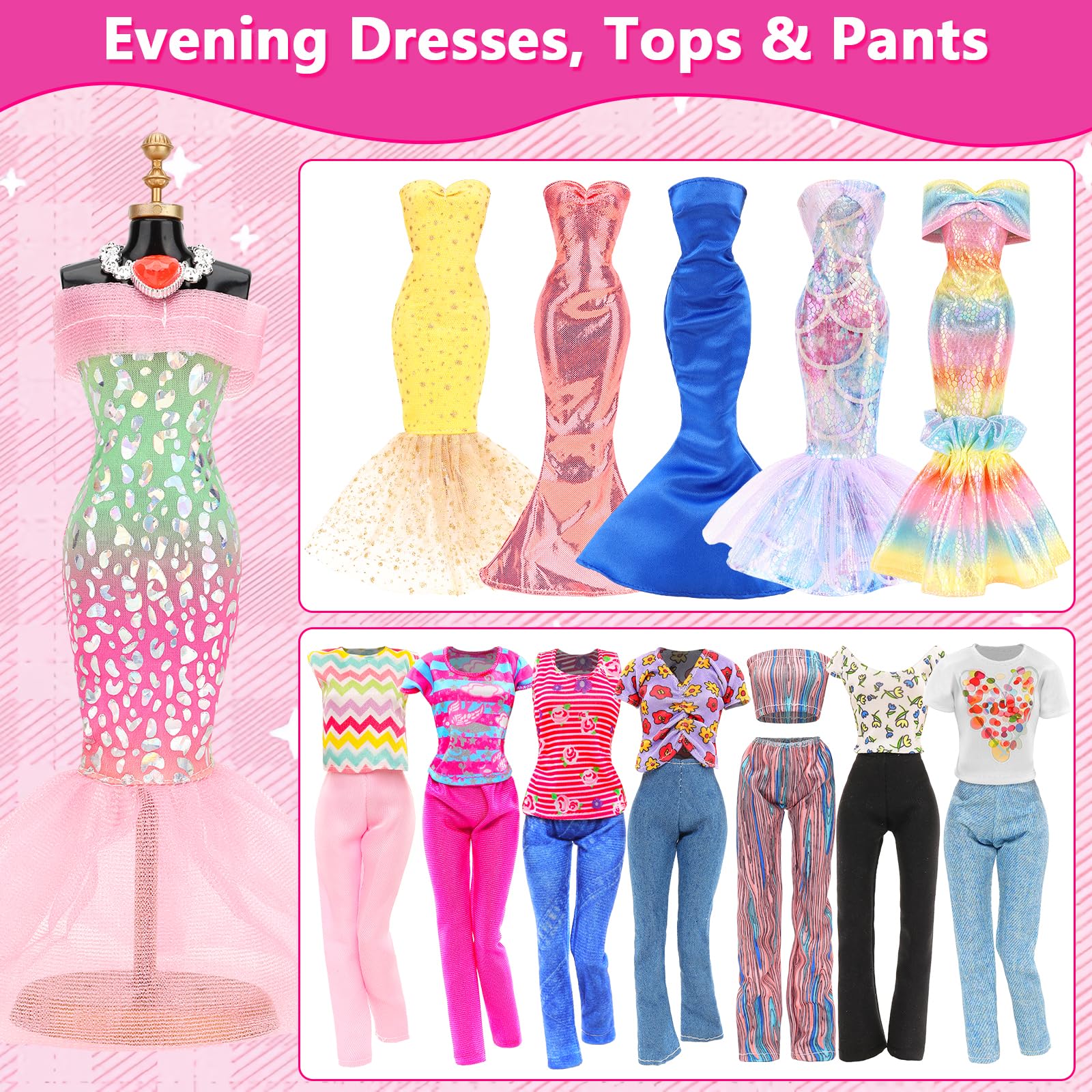 80 PCS Doll Clothes and Accessories 5 Wedding Gowns 9 Fashion Dresses 3 Tops 3 Pants 1 Evening Dresses 2 Swimsuits Bikini 20 Hangers 18 Shoes and 22 Accessories Toys for 11.5 inch Doll