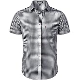PARKLEES Men's Casual Plaid Button Down Shirt Cotton Short Sleeve Gingham Dress Shirts Regular Fit with Pocket