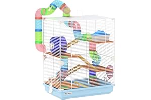 PawHut 18" 5 Tier Hamster Cage with Tubes and Tunnels, Small Animal Cage with Portable Carry Handle, Gerbil Cage with Water Bottle, Food Dish, Exercise Wheel, Light Blue