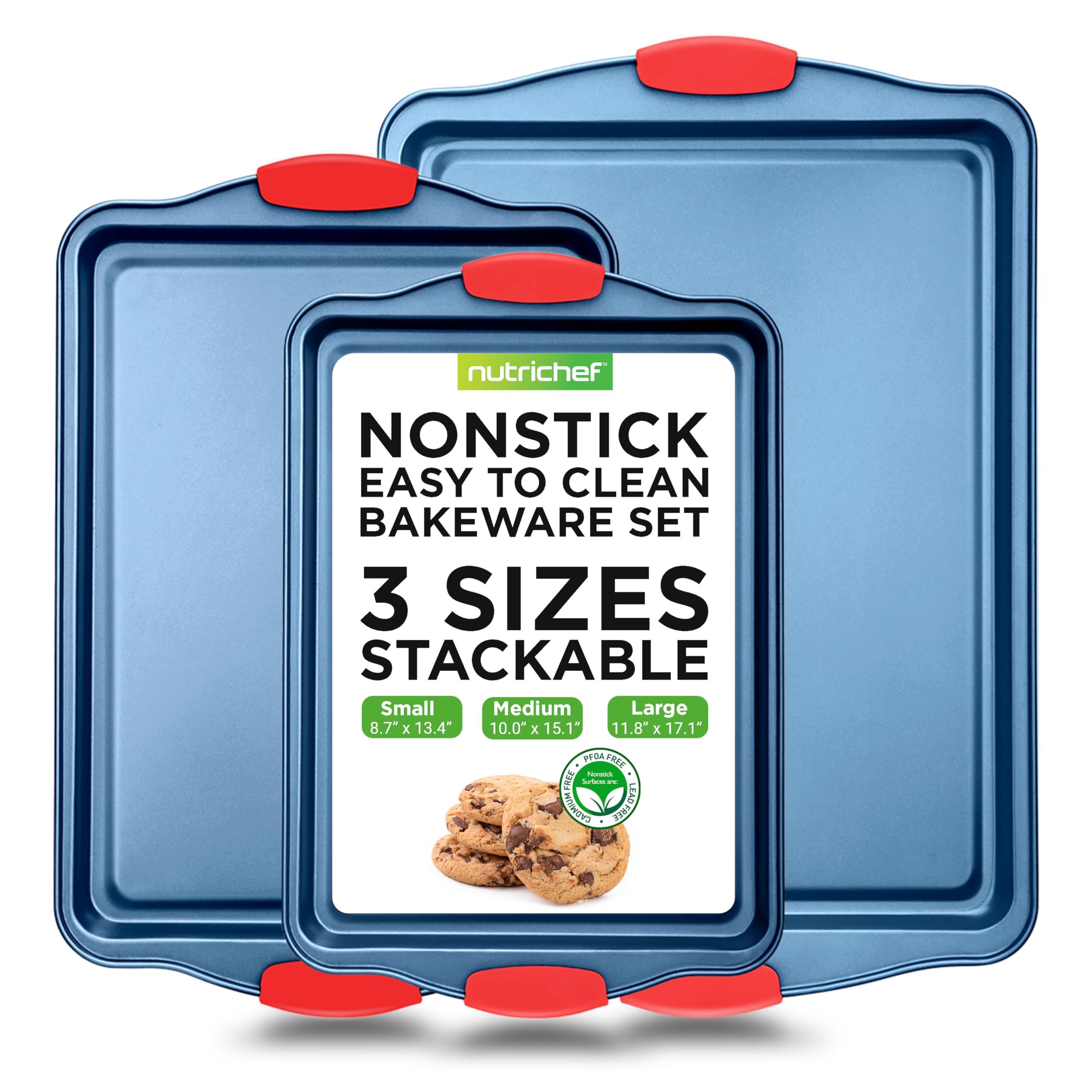Photo 1 of NutriChef Nonstick 3-Piece Baking Pans Set – Carbon Steel Bakeware with Blue Coating Inside & Outside and Red Silicone Handles, Durable and Reliable, Effortless Baking and Easy Cleanup (Blue)