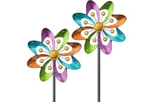 SHUONIVS Metal Wind Spinners Outdoor, 360° Wind Sculpture Spinner with Metal Stake, Waterproof Spinners Green Kinetic Wind Spinner for Yard Lawn Decor (A- Colourful 2PC)