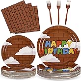 96 Pcs Super Bros Birthday Party Supplies Disposable Tableware Set Serve 24 Guests Include Brick Cloud Paper Plates and Napkins Plastic Forks for Video Game Birthday Party Decorations