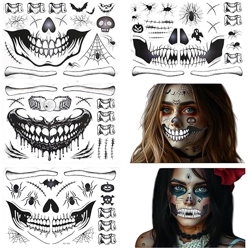 Halloween Face Tattoo, 4 Sheets Halloween Cosplay Temporary Tattoo Stickers Skeleton Face Tattoos Stickers for Make Up Adult A6-KBDZLT