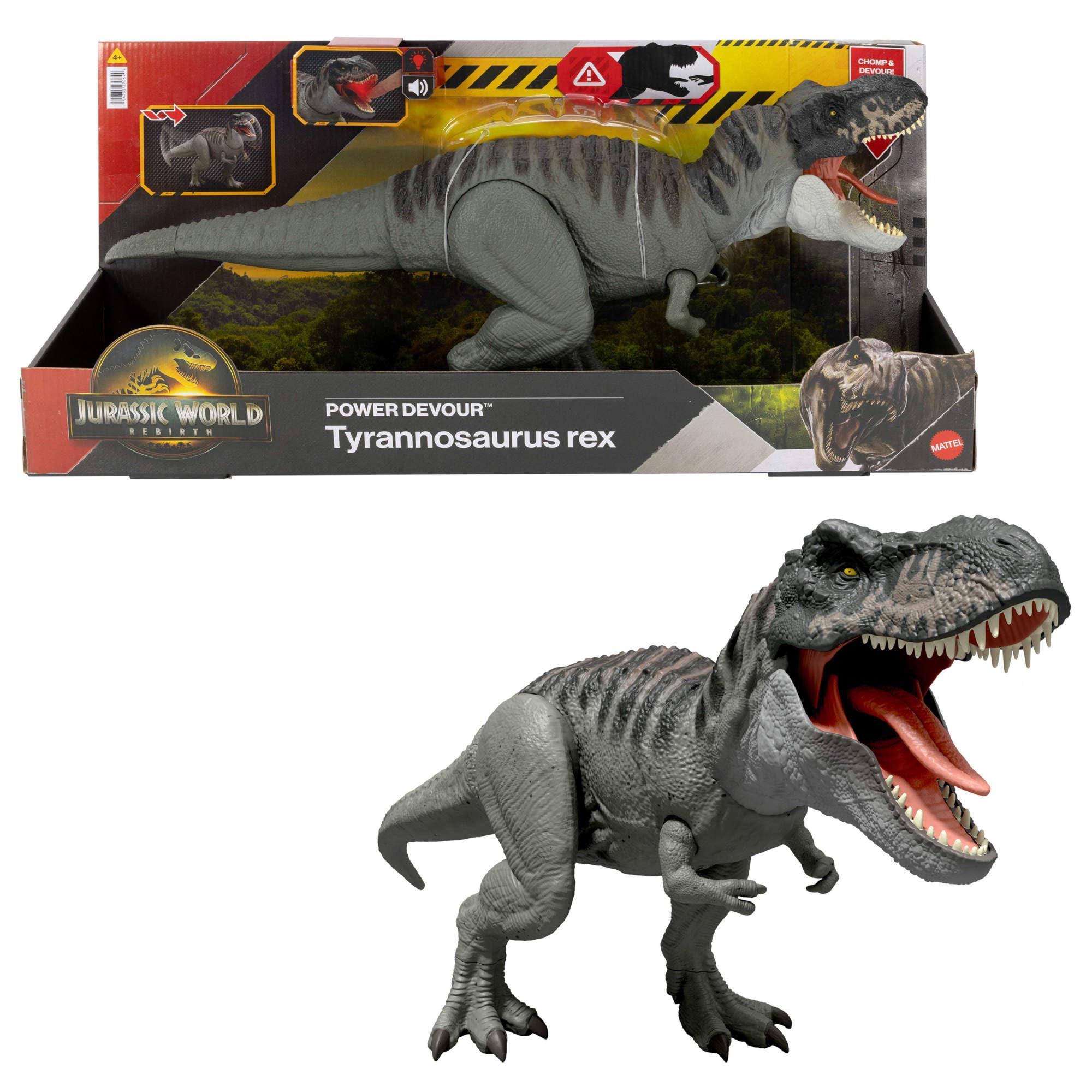 Mattel Jurassic World: Die Wiedergeburt Power-Fresser Tyrannosaurus Rex Dinosaurierfigur – mit zungenaktivierter Beiß-Attacke, Licht & Sound, digitalem Spielspaß, JGB50