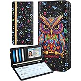 Slohif Checkbook Cover for Personal Duplicate Checks - Leather Check Book Wallet Holder for Women Black Owl Print Top Stub