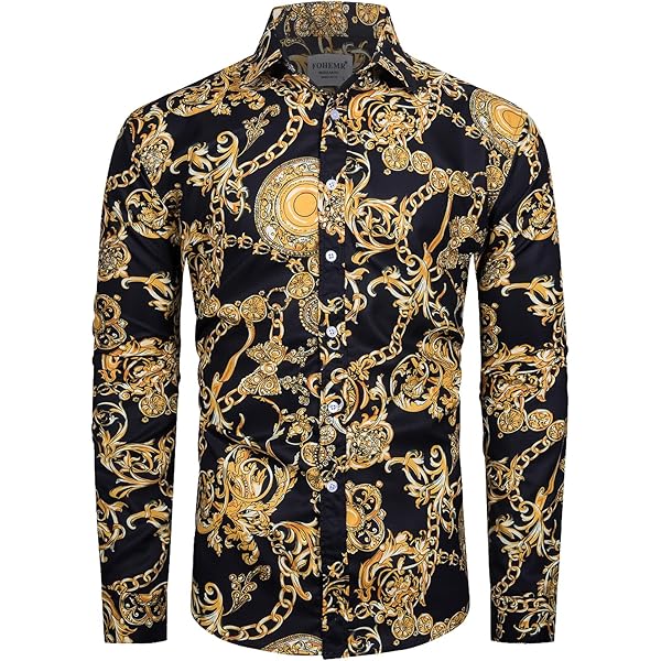 gold chain with dress shirt Men's Gold Chains Print Button Down Long Sleeve Silk Shirt Gold / XS