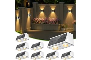 LANSOW Solar Fence Lights 8 Pack, Solar Powered Lights Outdoor Waterproof, 9-Mode Warm/Cool White & RGB Up-Down Led Spot Wall Lights Dusk to Dawn Decor for Backyard, Deck, Patio, Pool, Railing(White)
