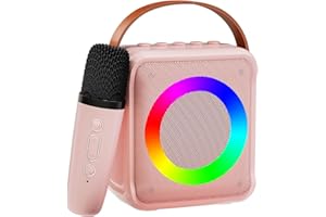 VERKB Mini Karaoke Machine for Kids Adults, Portable Bluetooth Speaker with Wireless Microphones, Microphone Speaker Set with LED Lights for Home Party, Birthday Gifts for Girls Boys Kid(Pink)