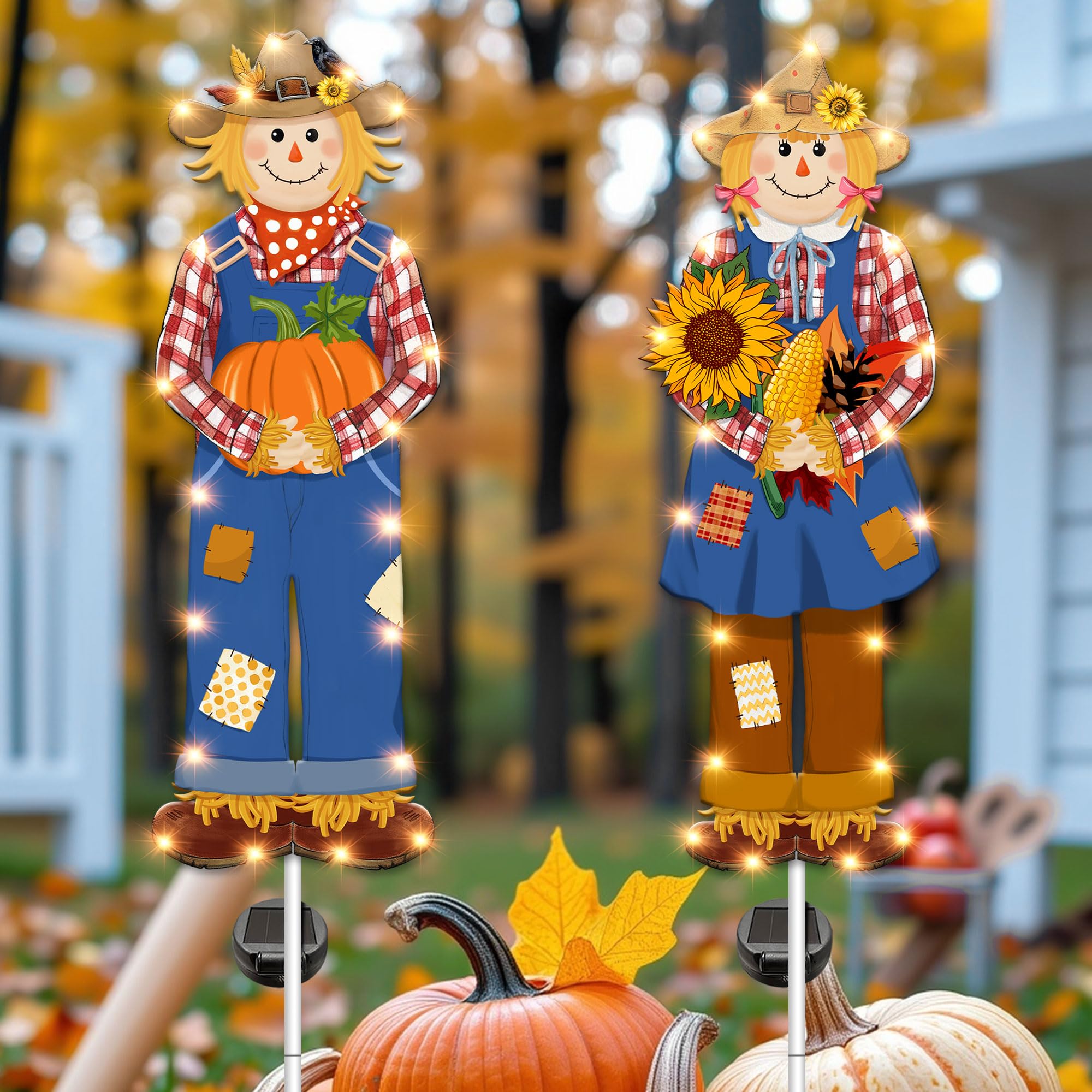 Photo 1 of Hexagram Fall Decorations Outdoor for Home, Metal Fall Yard Stakes Set of 2, Autumn Outdoor Decor Solar Scarecrow Garden Stakes Lights, Autumn Yard Signs for Outside Garden Lawn Porch Patio Pathway