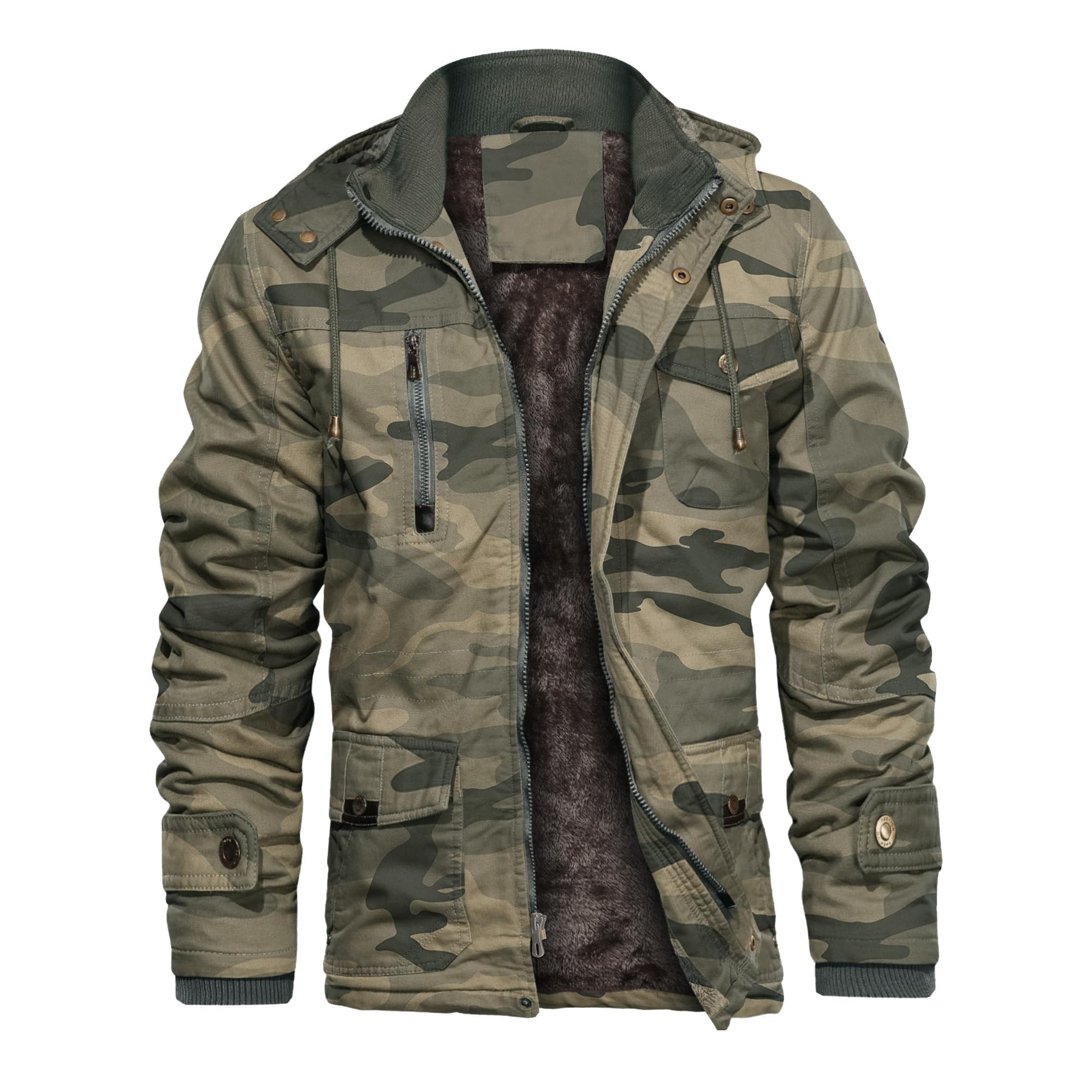 CHEXPEL Thick Winter Jackets for Men with Hood Fleece Lining Cotton Military Jackets Work Coats with Cargo Pockets Camo M Image