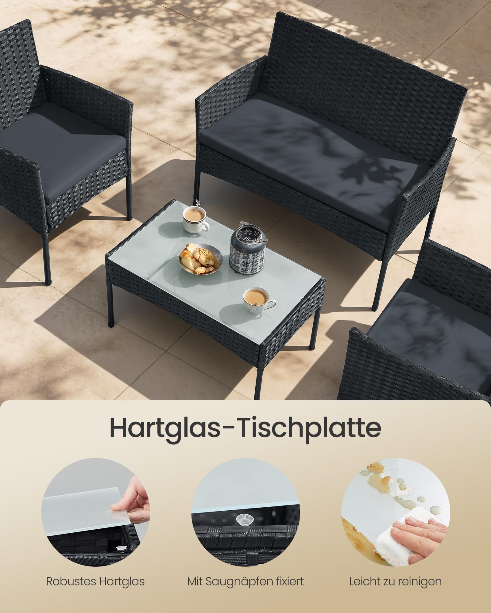SONGMICS Gartenmöbel-Set, 4-teilig, Balkonmöbel aus PE-Polyrattan, Tisch, 2 Stühle, 2-Sitzer-Bank, Lounge-Möbel Outdoor, Terrassenmöbel, für Terrasse, Balkon, schwarz-grau GGF004B06 6