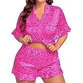SWOMOG Womens Satin Plus Size Pajamas Silk Short Sleeve Pjs Sets Ruffle Shorts 2 Piece Loose Outfit Sleepwear with Pocket