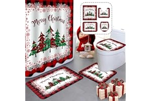 MEHOFOND 4pcs Christmas Shower Curtain Sets Merry Christmas Shower Curtain Set Red Buffalo Plaid Bathroom Sets with Shower Curtain and Rugs Toilet Lid Cover and U Shape Mat Washable 72"x72"