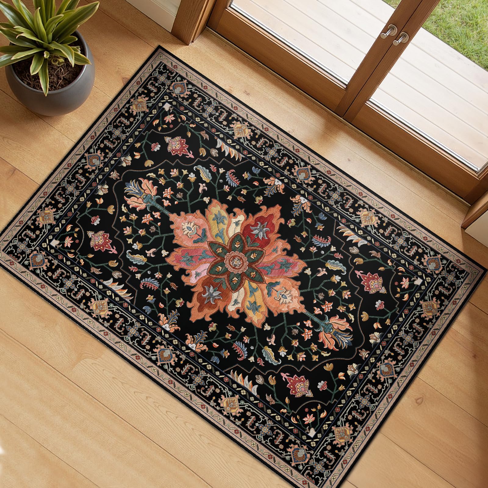 Photo 1 of RELEANY Area Rugs 2'x3' Kitchen Rugs Entry Rug Small Rugs for Entryway Kitchen Bathroom Door Mat Indoor Entrance,Washable Non Slip, Black Colorful Floral Dark Tan