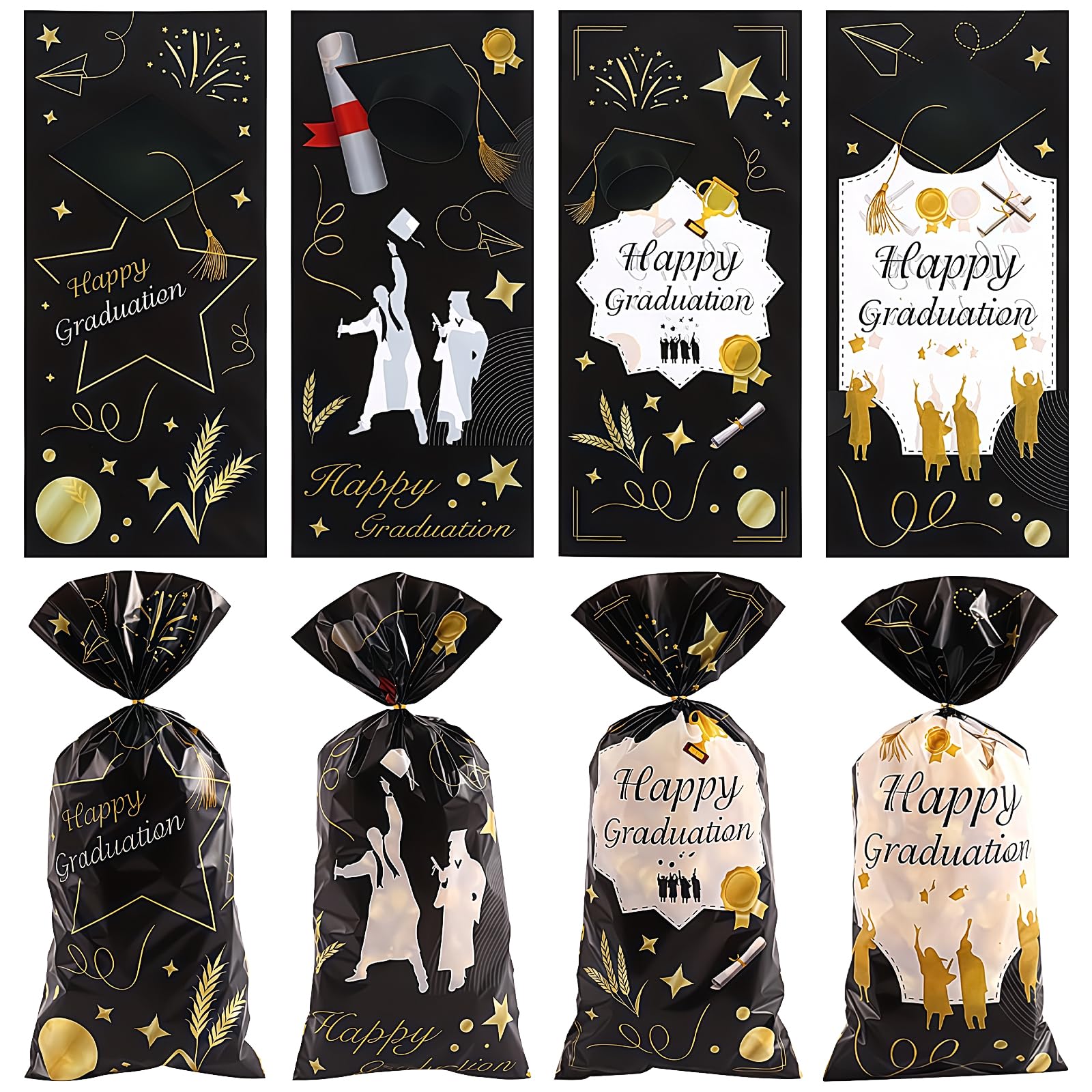 Photo 1 of 50PCS Graduation Cellophane Treat Bags Congrats Graduates Candy Plastic Goodie Candy Wrapping Gift Bags with 60 Gold Twist Ties Cookie Snack Packing for Grad Party Supplies