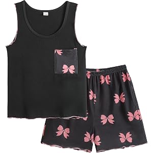 Vopmocld Teen Girls Sleeveless Pajamas Summer Printed Tank Sleepwear Outfit | Cute Printed Chest Pockets PJS, Tank & Shorts S