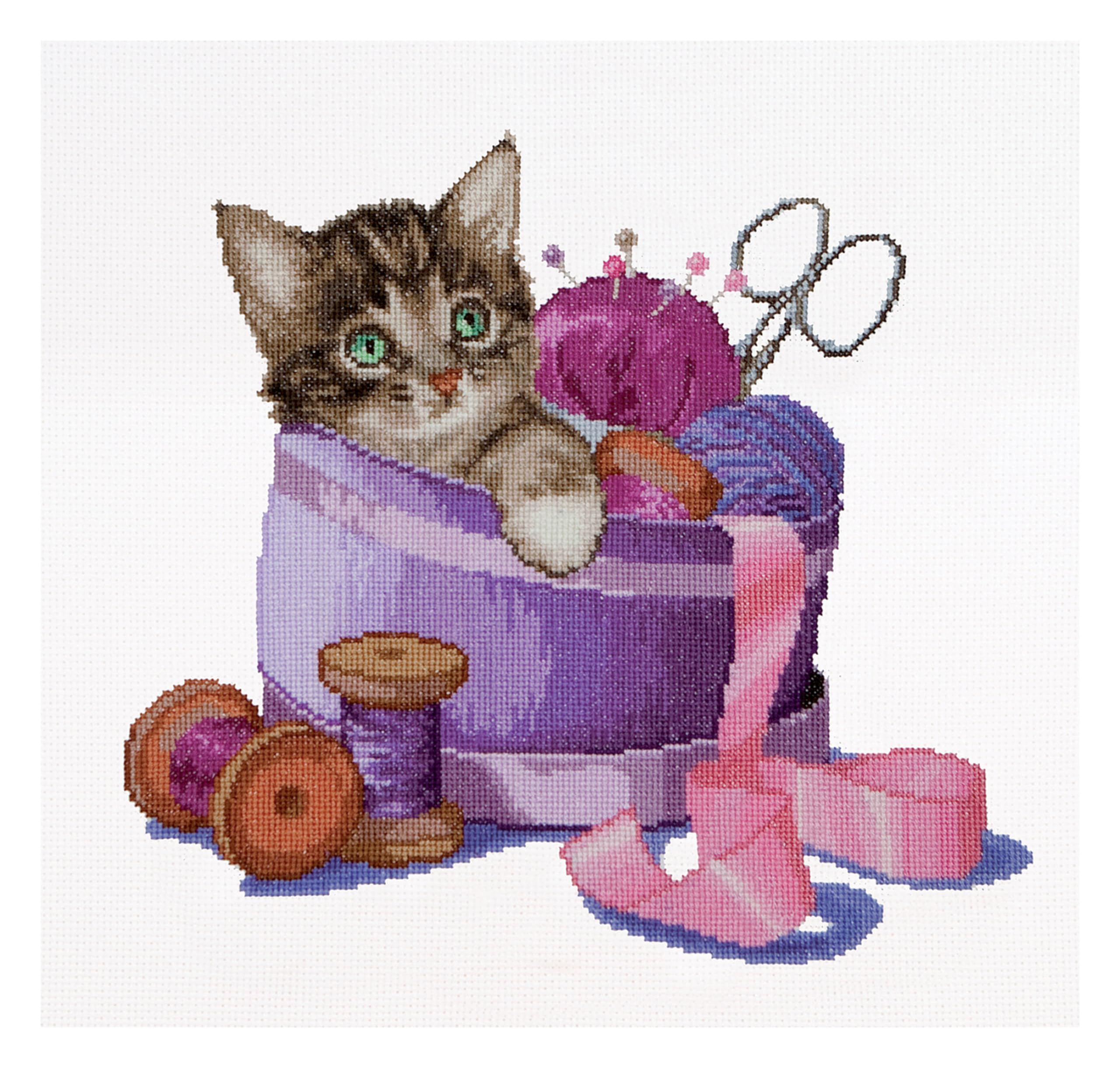 Thea Gouverneur - Counted Cross Stitch Kit - Sewing Basket Kitten - Aida - 16 Count - Embroidery Kit for Adults - DMC Embroidery Threads and Other Cross Stitch Supplies Included - 736A