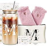 Unique Initial Glass Cup with Lids and Straws, Monogrammed Gifts Box Included Makeup Bag, Valentines Day Mothers Day Birthday Gifts for Women Mom Sister Grandma, M