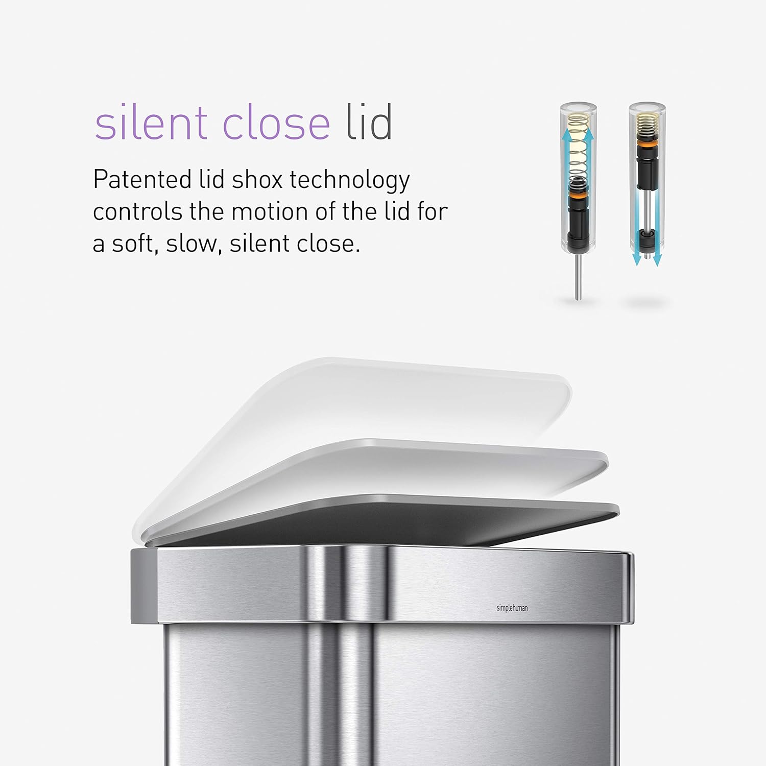 simplehuman 45 Liter Rectangular Hands-Free Kitchen Step Trash Can with Soft-Close, Brushed Stainless Steel with Plastic Lid: Home & Kitchen