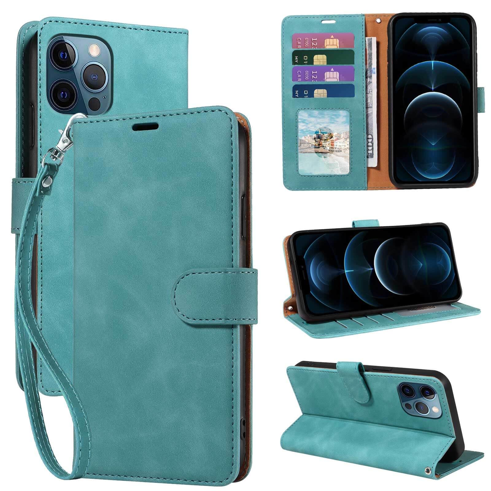 JHWVVTF for iPhone 12 Pro Max Wallet Case, [RFID Blocking 4 Card Slots] Phone Stand, Wrist Strap, Magnetic Closure, Soft Leather Shockproof Protective Flip Cases Cover (Green)