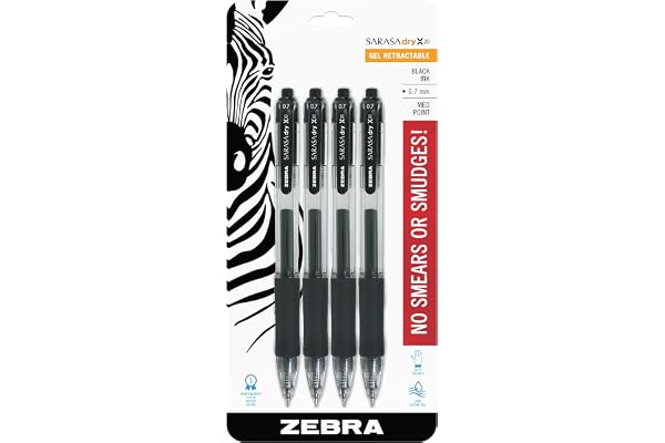 Zebra Pen SARASA X20 Retractable Gel Pen, Black Ink, 0.7mm, 4-Pack | Rapid-Dry Ink, Smear-Resistant, Ideal for Left-Handed Wr