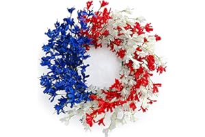 HUASHEN 24 Inch Patriotic Wreath Summer Front Door Wreath 4th of July Forsythia Door Decor, Memorial Day Americana Forsythia Flower Farmhouse Grapevine Blossom Cluster Décor