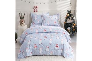 JSD Blue Snowman Kids Comforter Set Twin Size, 2 PC Christmas Winter Printed Microfiber Bedding Set