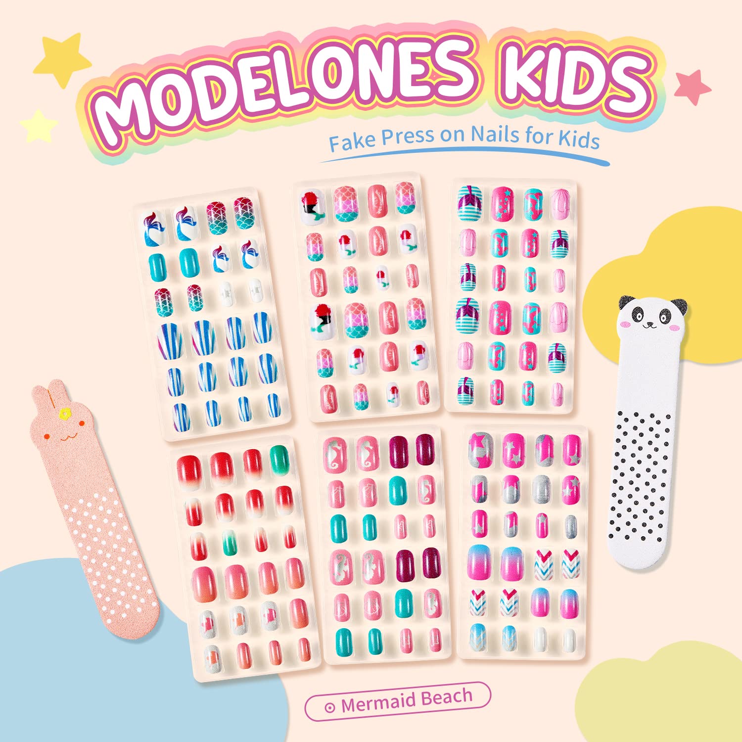 Modelones Press on Nails for Kids 144Pcs 6 Pack Children Acrylic Fake Nails Pre-glue Full Cover Glitter Gradient Color Mermaid Beach Short False Nail Art Kits Sets Easter Gifts for Kids Girls - Image 3