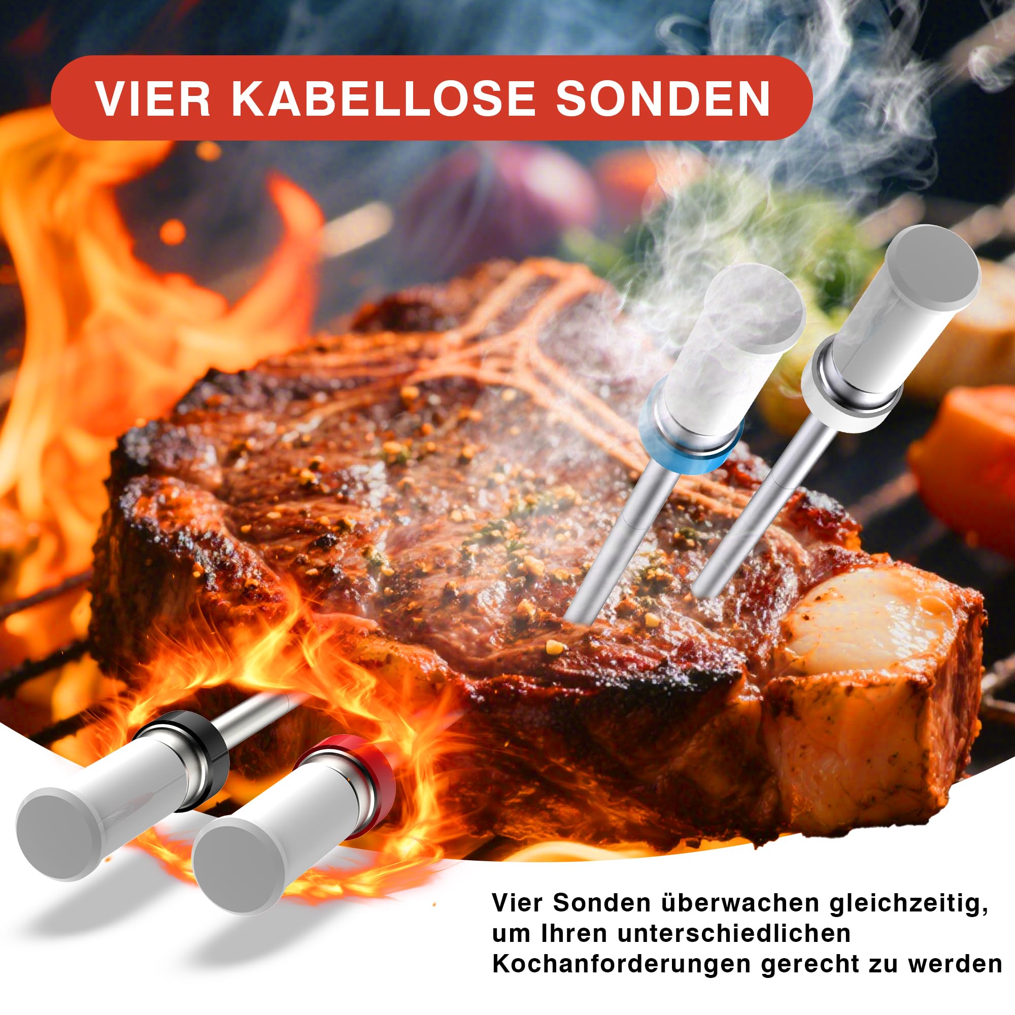 Fleischthermometer Kabellos mit APP Digital Bratenthermometer Kabellos, Grillthermometer Kabellos Bratenthermometer Digital, Backofenthermometer, Küchenthermometer LCD für Kochen, Fleisch, Grillen,BBQ