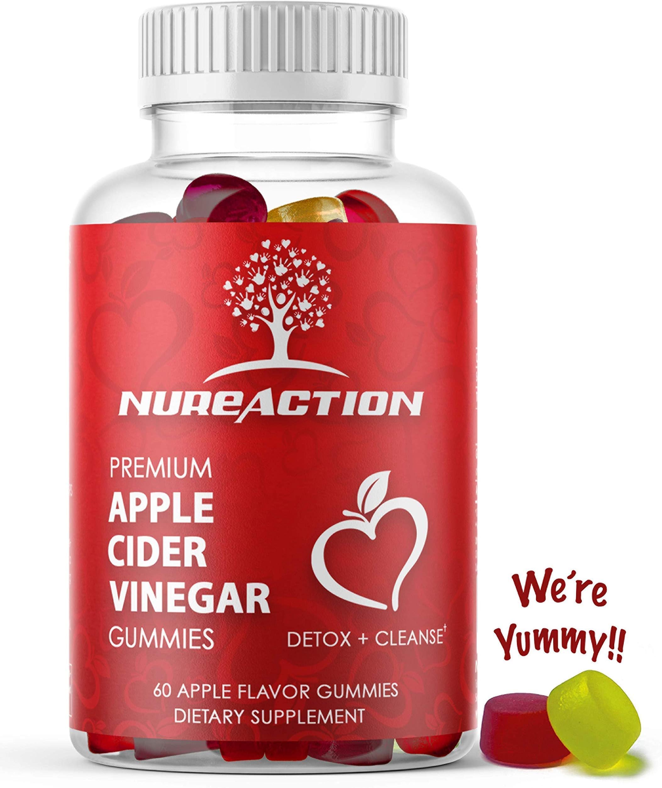 Premium Apple Cider Vinegar Gummies With The Mother Enzymes and Ginger By NuReaction - Gummy Alternative To Capsules and Tablets. Unfiltered and All-Natural - Gentle Detox, Cleanse and Bloating Relief