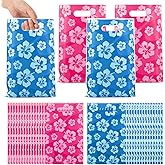 Maitys 50 Pcs Cute Cartoon Hawaii Party Gift Bags Blue Pink Hibiscus Treat Bags Plastic Goodie Candy Pouch with Handles for Hawaiian Summer Tropical Birthday Baby Shower Supplies