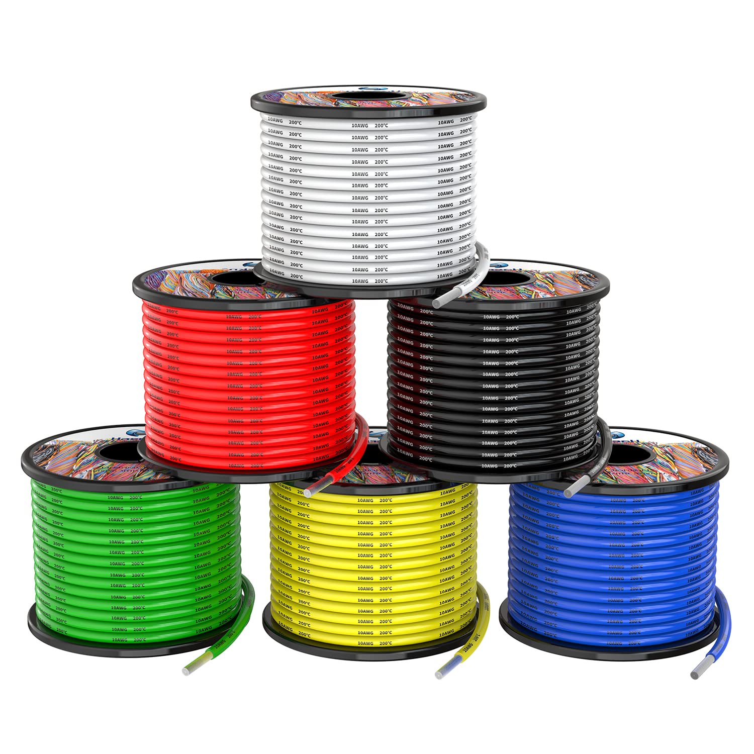5.3mm² 10awg Silicone Electrical Wire Cable 6 Colors 6x3 Meters 10 Gauge Hookup Wires kit Stranded Tinned Copper Wire Flexible and Soft High Temperature Resistance