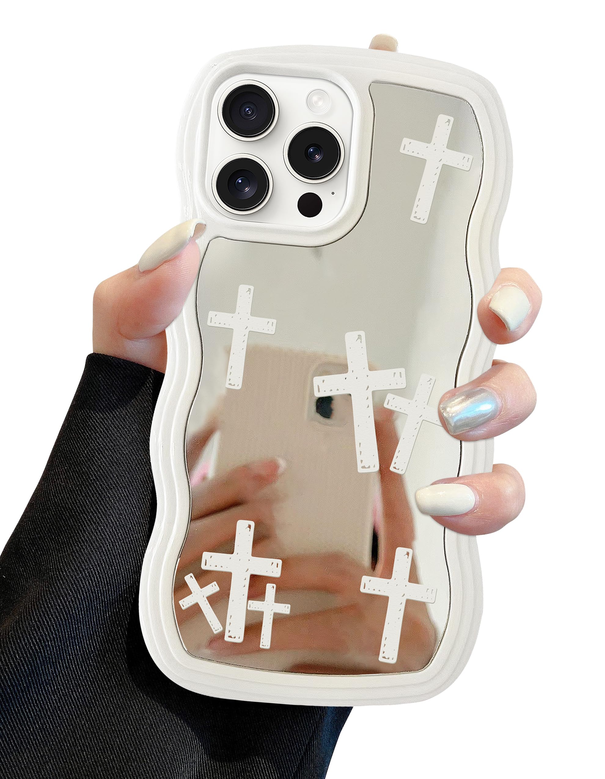 Photo 1 of Jusy Compatible with iPhone 15 Pro Case with Wavy Edge, Cute White Cross Pattern Mirror Curly Phone Cases, Shockproof Hard PC & Soft TPU Bumper Protection Cover for Women Girls-Cross Pattern