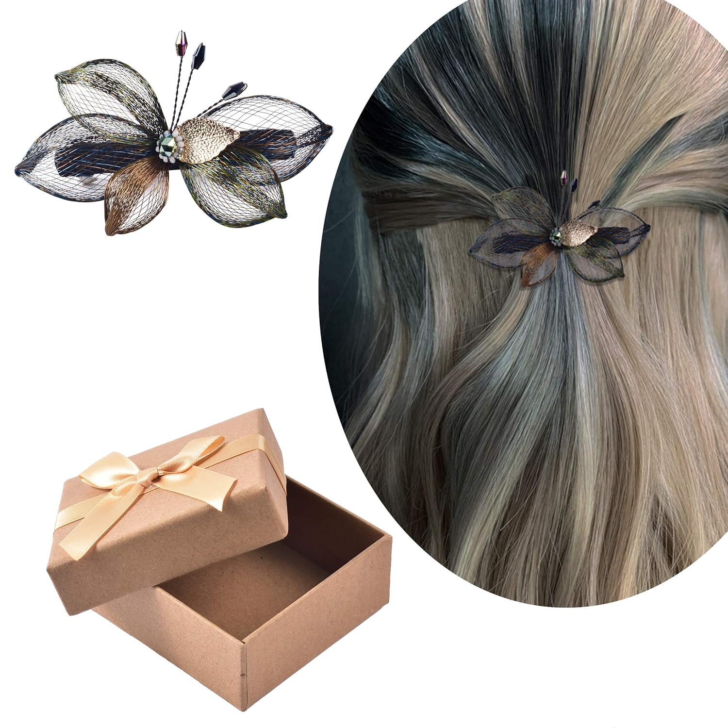 Mistofu Copper wire metal pearl crystal hair Barrettes， leaves hair clips, French imported hairpins, exquisite gift box, Suitable for all kinds of hairstyles.Hair accessories for womens。The material is soft, durable, environmentally friendly and recyclable.Internet celebrity shooting, Wedding, Party, Shopping, Beach swimming, Vacation home. : Beauty