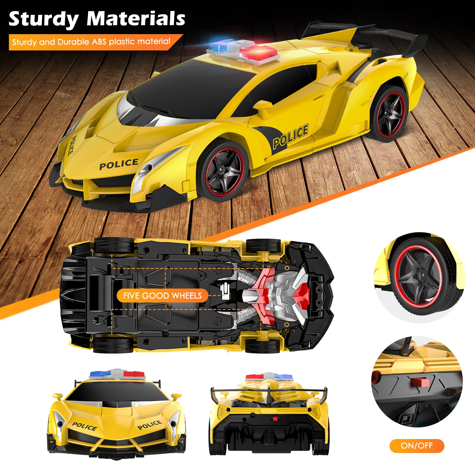 Febyhim Remote Control Car, 2.4Ghz Transform RC Cars, 1:18 Scale Police Car Toy with Flashing Light, One Button Transformation,360 Degree Rotating Drifting Toys for Boys Age 4-7
