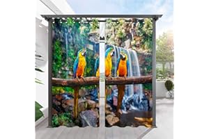 ANHOPE Indoor Outdoor Curtains Grommet Waterproof Window Drapes with Parrot Macaw Tropical Waterfall Print Pattern Outside Privacy Curtains for Patio Pergola Gazebo Cabana 2 Panels 54 x 108 Inch