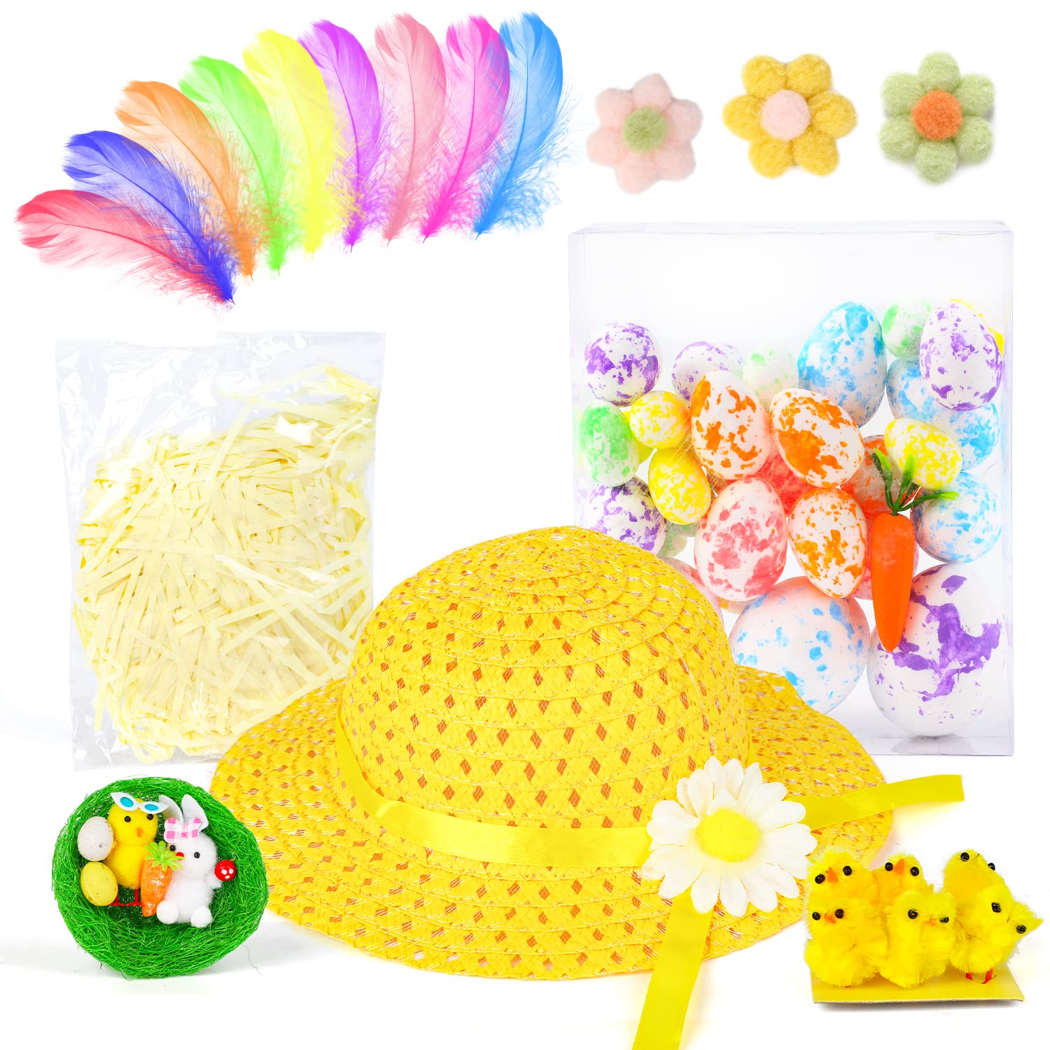 SULOLI Easter Bonnet Kit,Easter Bonnet Hat Kids Make Your Own Easter Bonnet Easter Bonnet Decorations Kit Girls Easter Bonnet Making Kit(Yellow)