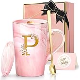 Coffee Mugs - Birthday Gifts for Women, Personalized Initial Customized Mug Tea Cup with Lid 14 Oz Pink, Spoon Greeting Card, Luxury Gift-Boxed Christmas Gift for Her Wife Mom Grandma Friend Unique,P