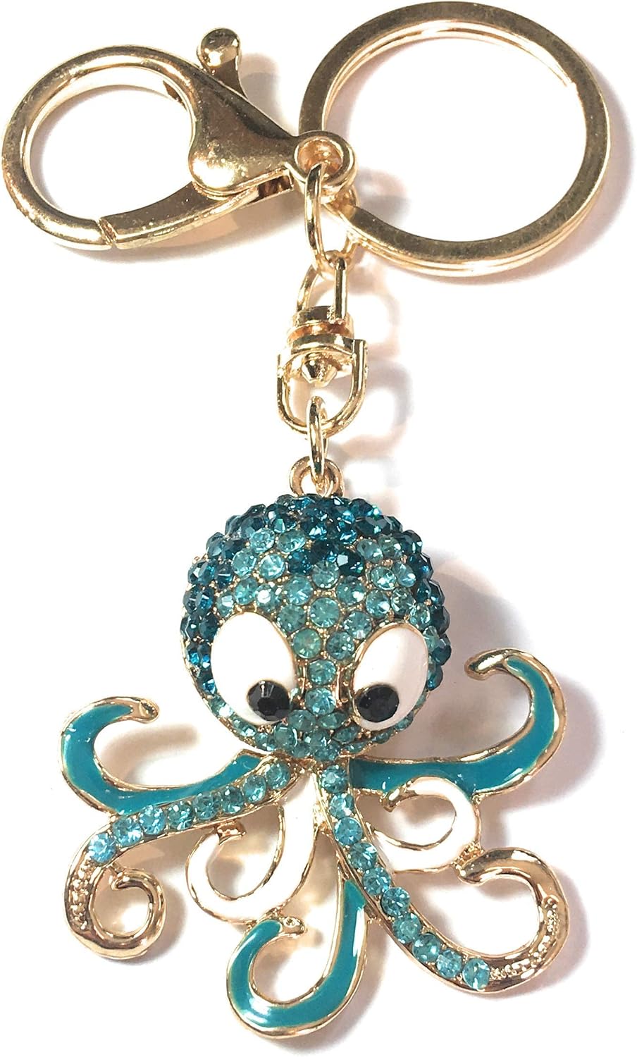 FizzyButton Gifts Octopus keyring key ring and lobster clasp with hollow gold tone enamel and rhinestone charm