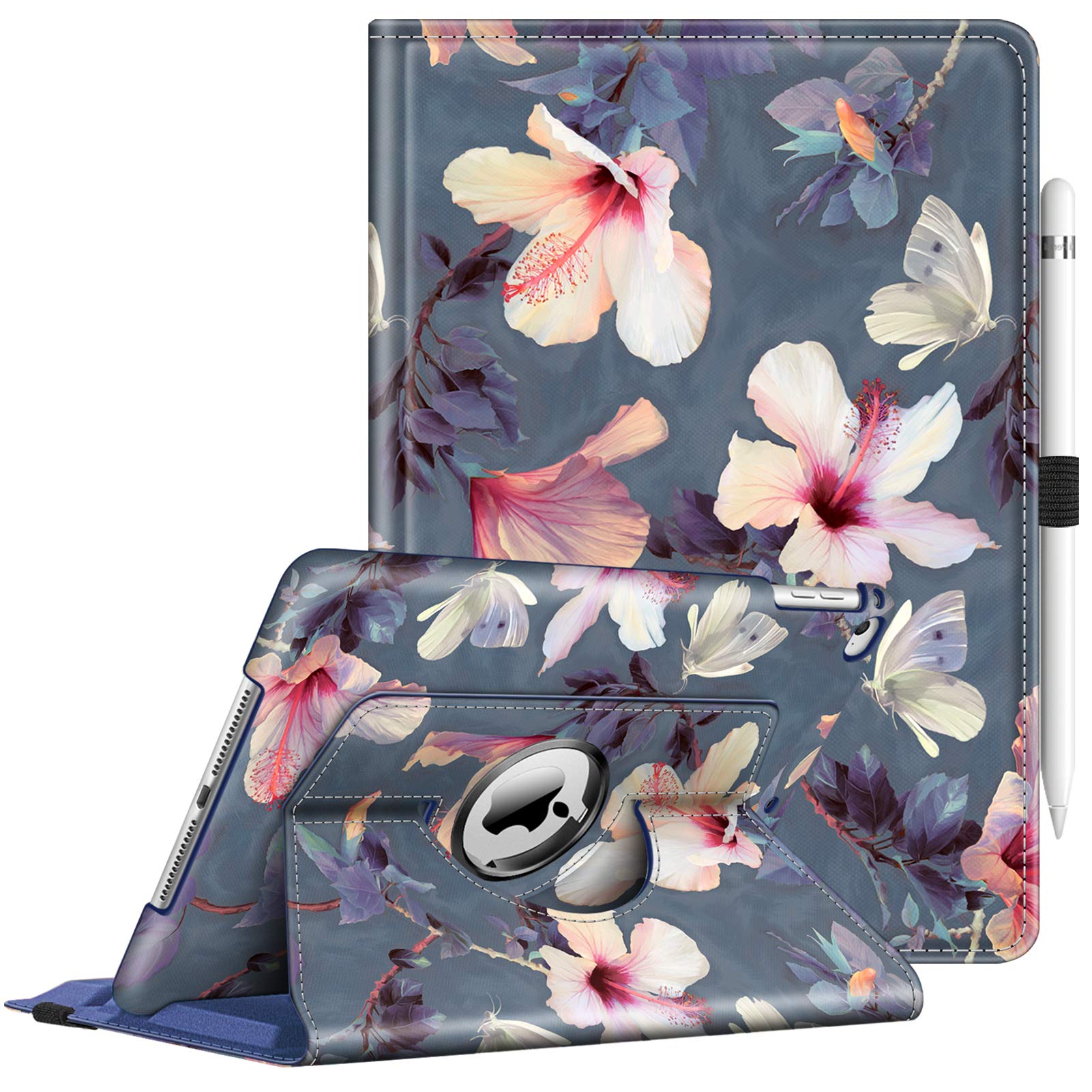 FINTIE Rotating Case Compatible with iPad 6th Generation (2018)/ iPad 5th Generation (2017)/ iPad Air 2/Air 1-9.7 Inch 360 Degree Swivel Stand Protective Cover, Auto Wake/Sleep, Blooming Hibiscus