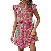 RoseSeek Women's Paisley Floral Ruffle Cap Sleeve Boho Dress Crew Neck Tie Back Vacation Summer Dresses
