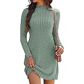 Oakgarden Women's Knit Long Sleeve Sweater Dress Lettuce Trim Mock Neck Tunic Dress Fall Winter Casual Trendy Outfits