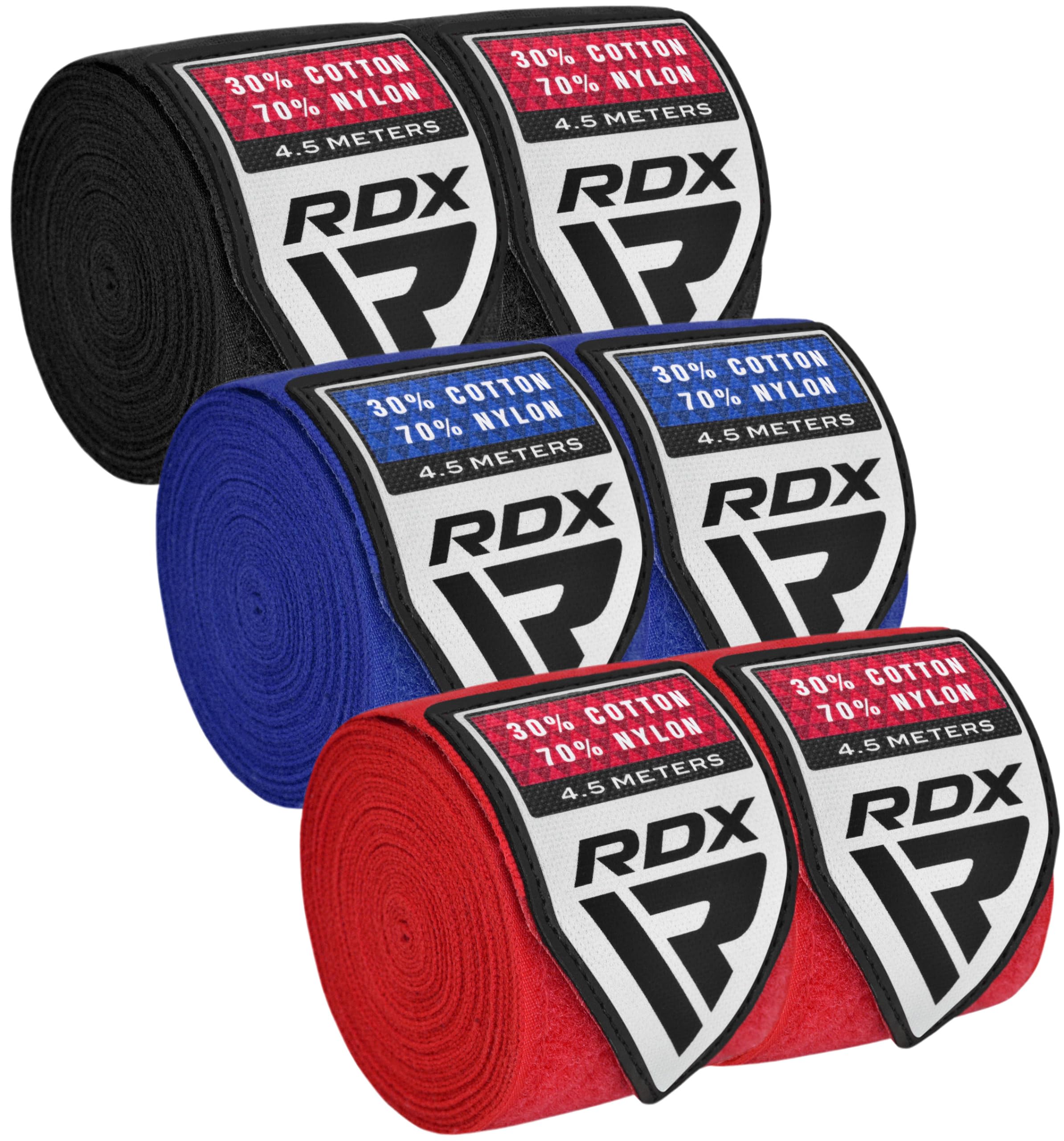 RDX Boxing Hand Wraps 4.5M / 180 Inches – Mexican Style Semi-Elastic MMA Inner Gloves - Wrist Support for Muay Thai, Kickboxing, BJJ, Karate - Thumb Loop & Hook and Loop Closure - Cotton & Nylon Blend