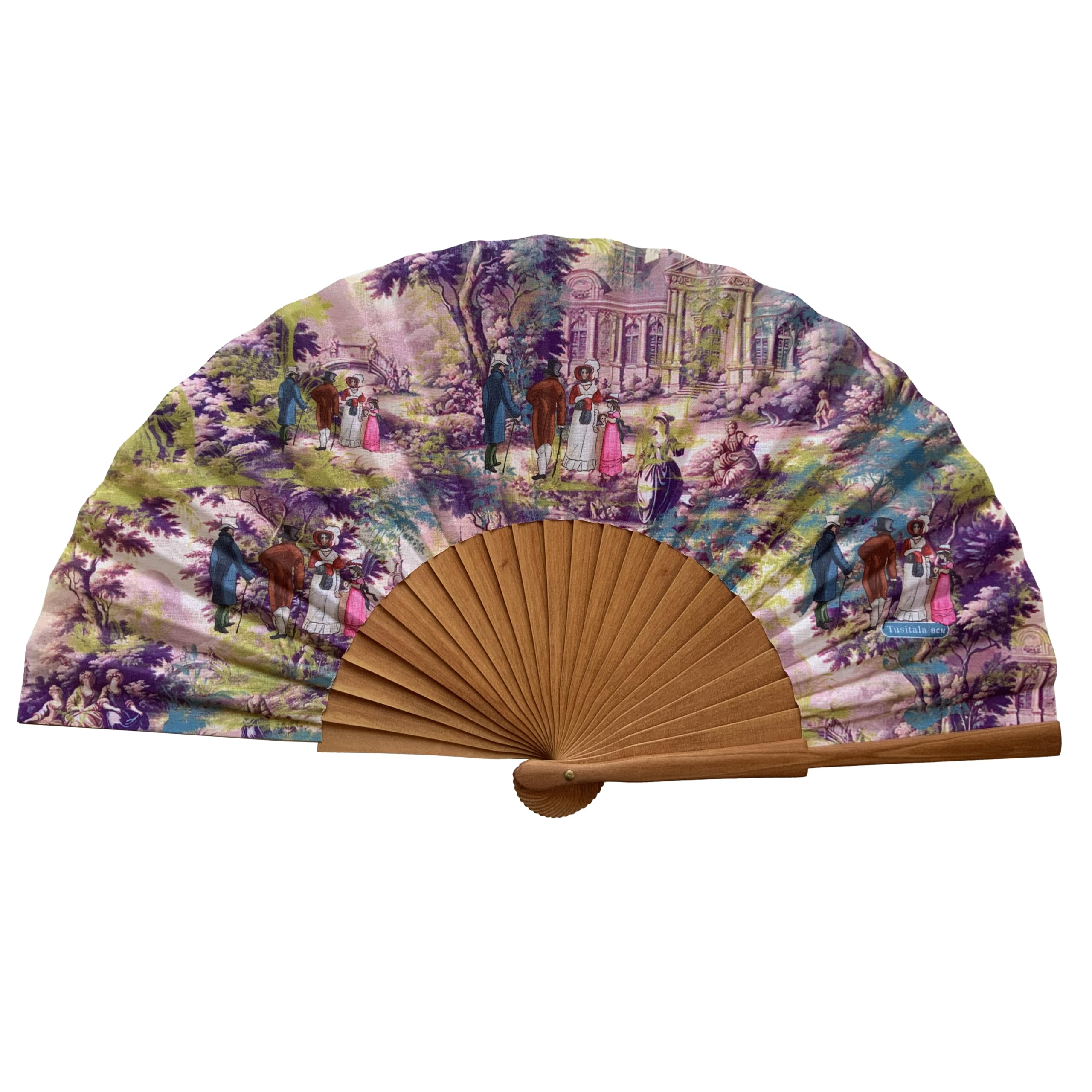 Tusitala Barcelona - Paseo Fan - Spanish Wood and Cotton Fan - Handmade Fashion Accessory - Natural Jute Cover Included - Original Gift - 23 cm.