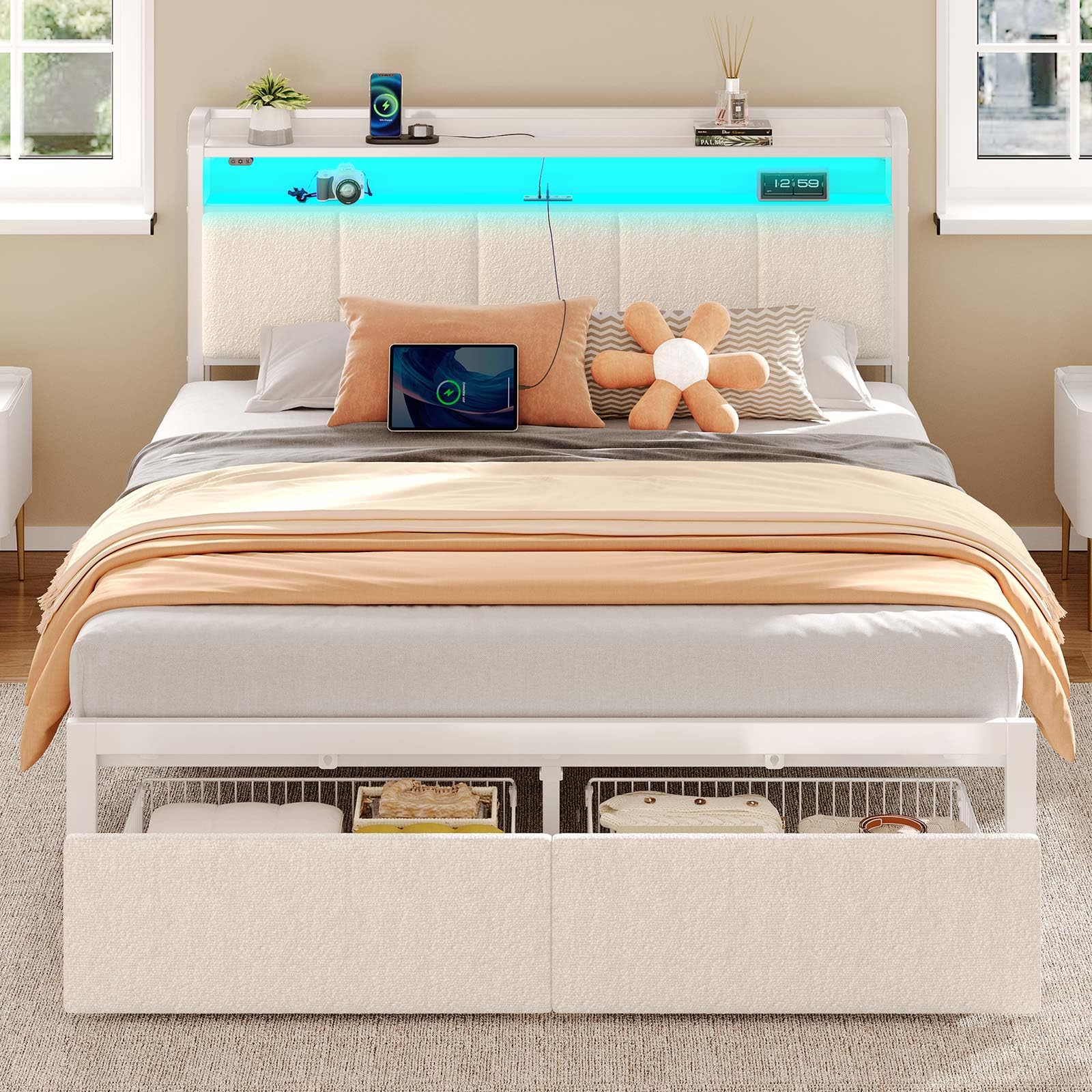 Rolanstar Bed Frame Queen Size with Charging Station and LED Lights, Upholstered Headboard with Storage Shelves, Heavy Duty Metal Slats, No Box Spring Need, Noise Free, Easy Assembly, White Image