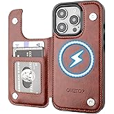 ONETOP Compatible with Magsafe for iPhone 16 Pro Wallet Case with Card Holder, PU Leather Kickstand RFID Blocking Case, Double Magnetic Clasp and Durable Shockproof Cover 6.3 Inch (Brown)